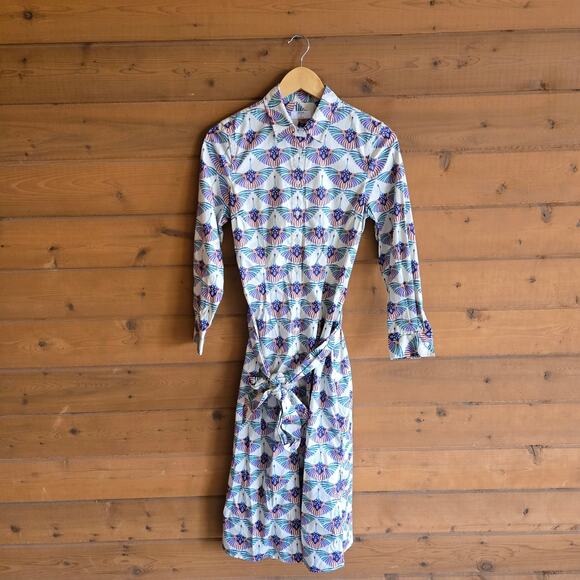 Untuckit Stretch Cotton Midi Peyton Shirtdress 2 Swan Print Bird Belted Buttons - Picture 2 of 6